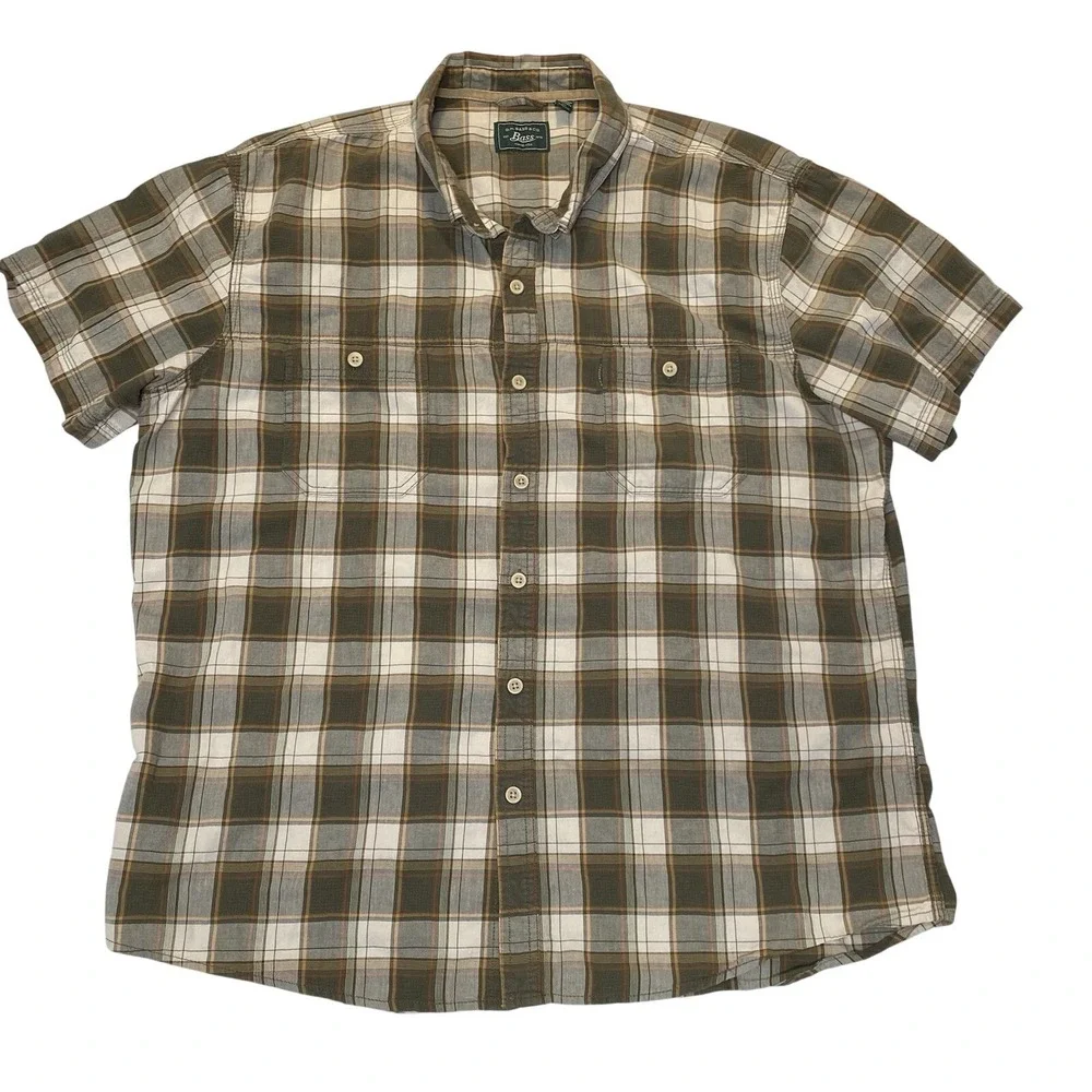 G.H. Bass Plaid Button Up Shirt Men's 2XL Brown‎ Short Sleeve Cotton